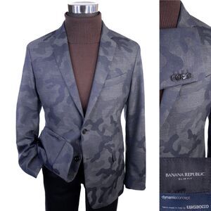 BANANA REPUBLIC Slim Fit Camouflage Blazer Blue Gray Size 42S Italian Wool EUC